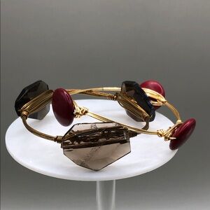 Bundle 2 wire stone bangle bracelets howlite & smoky quartz boho layering stack.